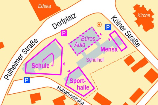 Planung für einen Neubau der Horionschule: Bestand in grau; das Gebäude mit Aula und Verwaltungsbüros bliebe erhalten (Kartengrundlage: Bezirksregierung Köln unter Datenlizenz Deutschland – Zero; Planung von v-architekten, Köln)